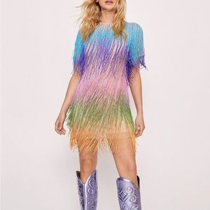 Nasty gal rainbow tassel fringe beaded dress size 14 NWT
